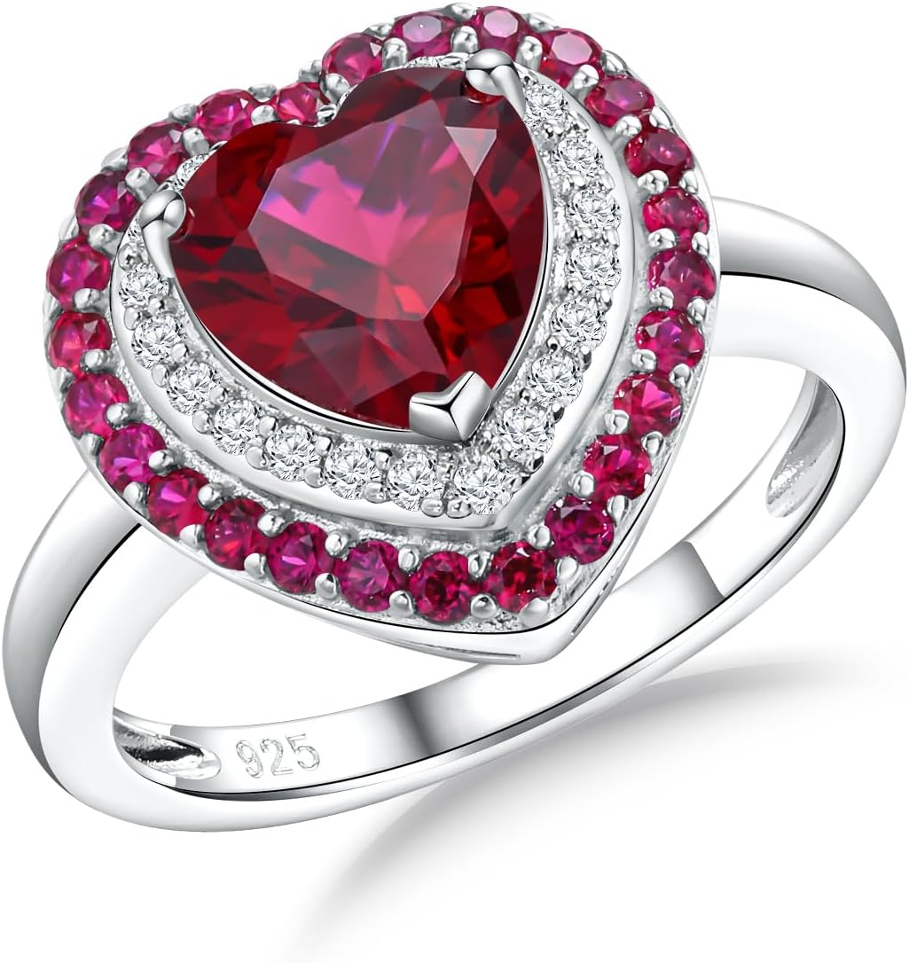 Heart Rings for Women 925 Sterling Silver Promise Ring 3-Layers Created Gemstone Wedding Engagement Rings for Women Size 6 to 10
