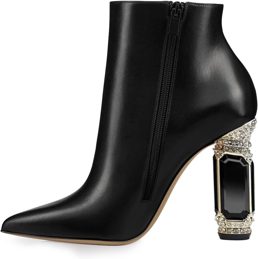 FSJ Women Chic Pointed Toe Crystal Chunky Block High Heel Ankle Boots Glossy Side Zipper Casual Daily Fashion Ladies Fall Shoes Size 4-15 US - Image 4
