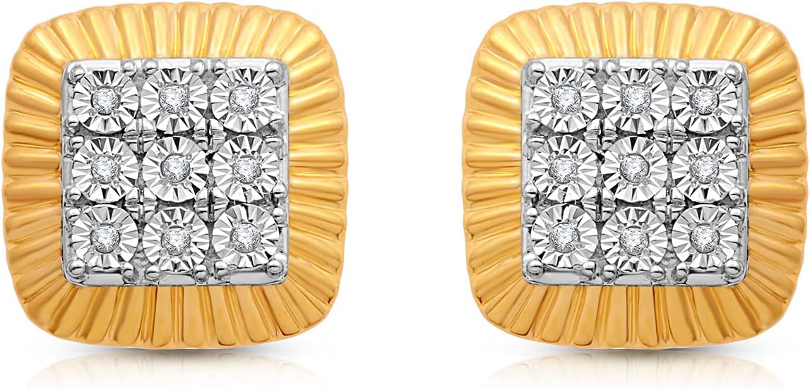 Jewelili Yellow Gold Plated Sterling Silver Natural White Round Diamond Accent Miracle Plate Mens Stud Earrings