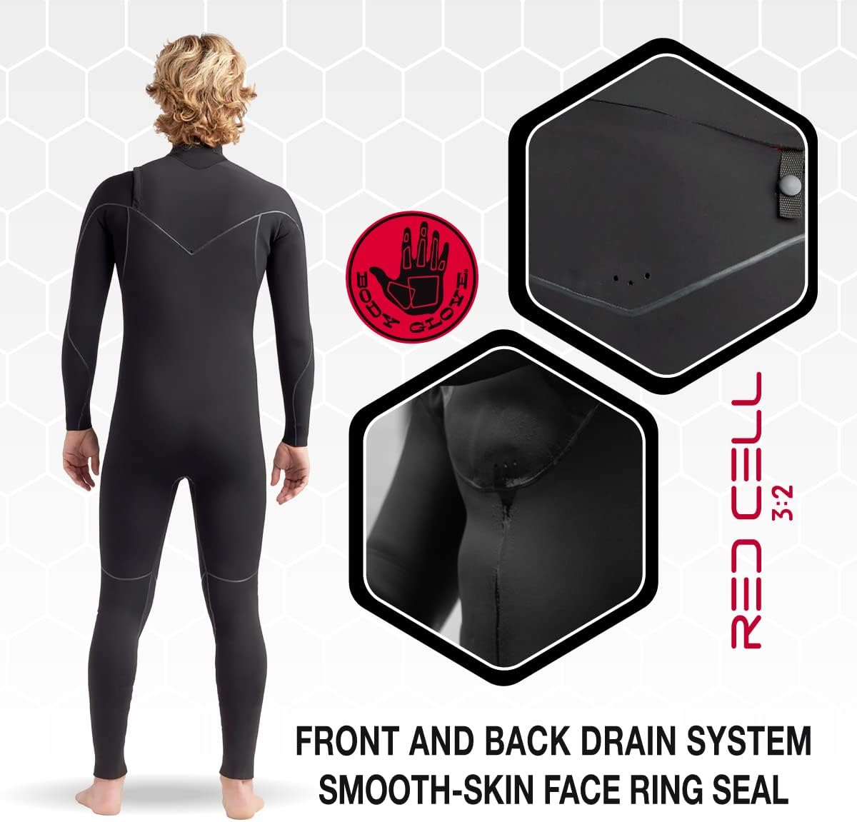 Red Cell Slant Zip 3/2 MM (ML/Black) - Mens Fullbody Slanted Zipper Wet Suit for Surfing Wakeboarding Swimming Gear Thermal Insulated Body Suit