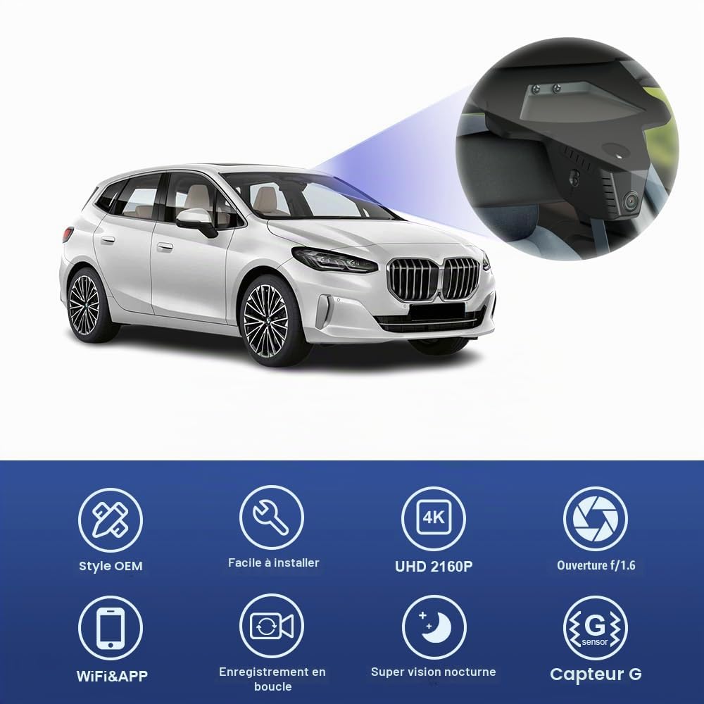 Fitcamx Dashcam 4K Compatible avec BMW 2 Series Active Tourer U06 2023 2024 2025 2026 (D4220), OEM Caméra de Voiture 2160P Video WIFI, G-Capteur, Enregistrement en Boucle, Plug & Play, WDR, Carte 64Go