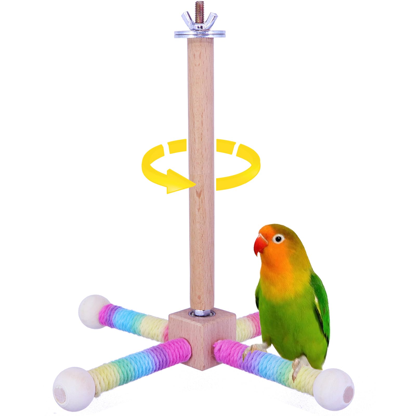 Bird Toy Perch,Parrot Interactive Spinning Toys,Bird Cage Accessories for Small and Medium Parrots,Parakeets Wooden Exercise Wheel Stand for Cockatiels Lovebirds Conures Finches Budgies (Wood, M)