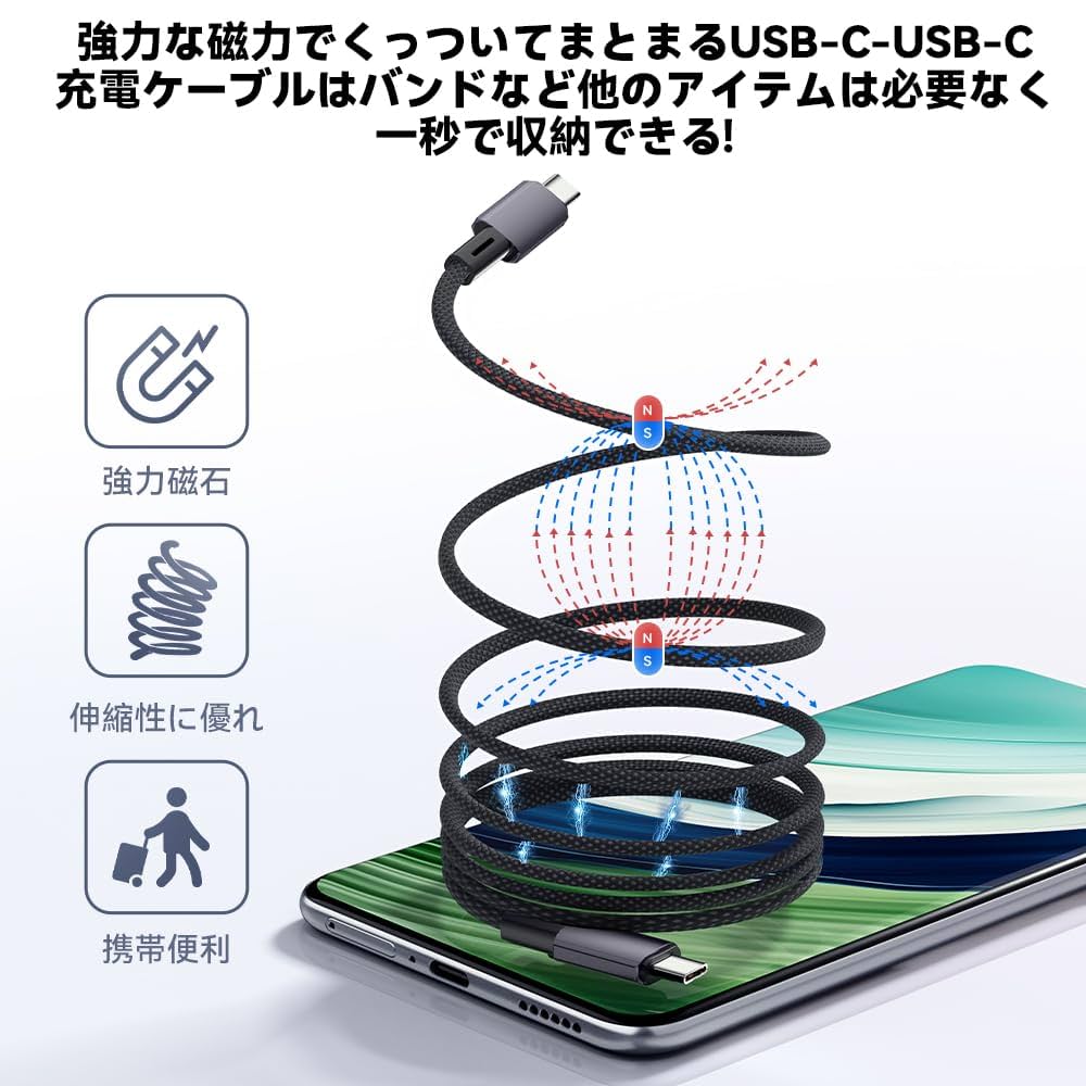 usb4.0ケーブル 磁気自動収納 type-cケーブル100W/5A急速充電