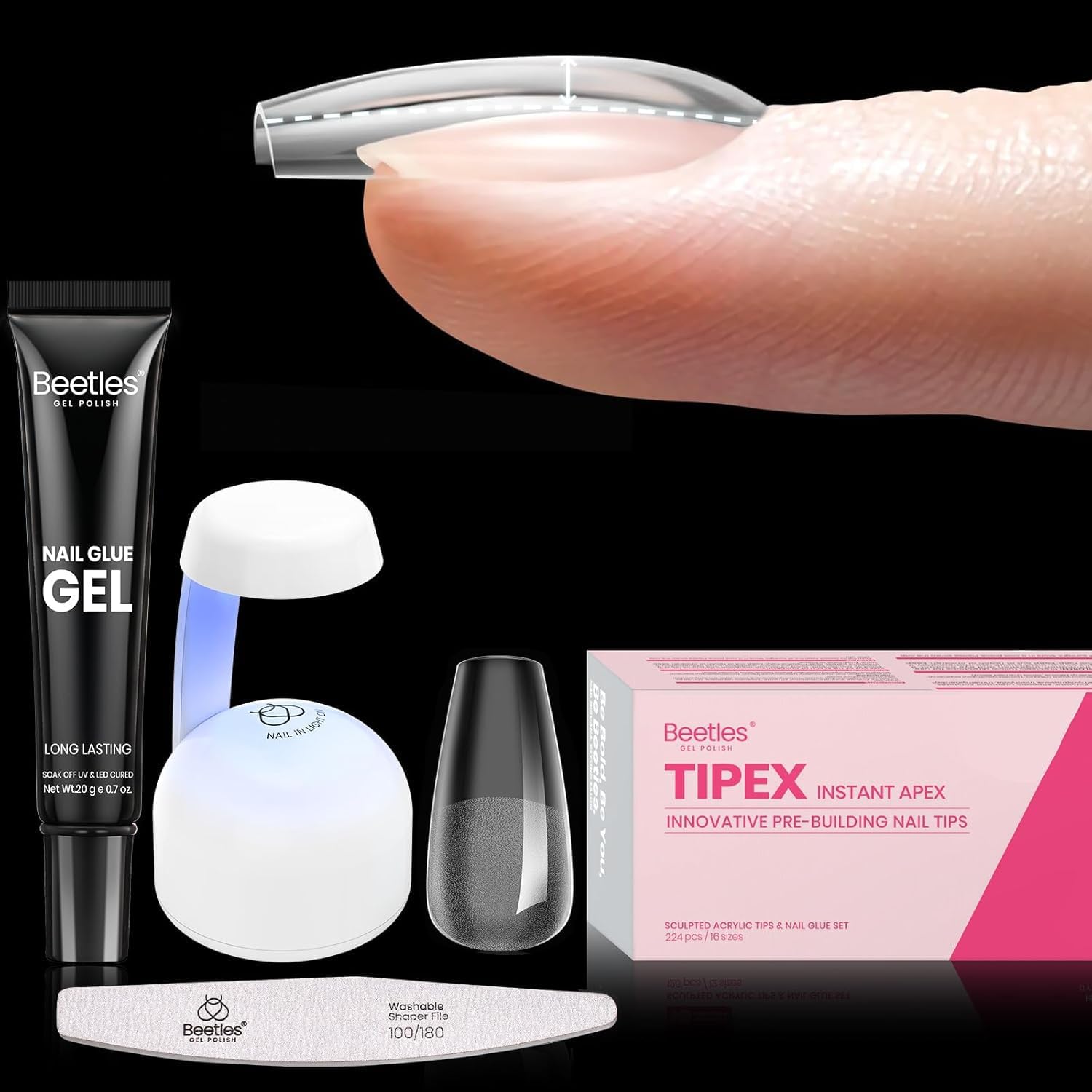Beetles Tipex Gel Nail Kit Short Coffin Instant Apex Nail Tips, 224 Pcs 16 Sizes Pre-Building&Pre-Etched False Nail Tips with Tipex Uv Nail Glue,Mini Nail Lamp-Thick Acrylic Nail Set for Flat Nails