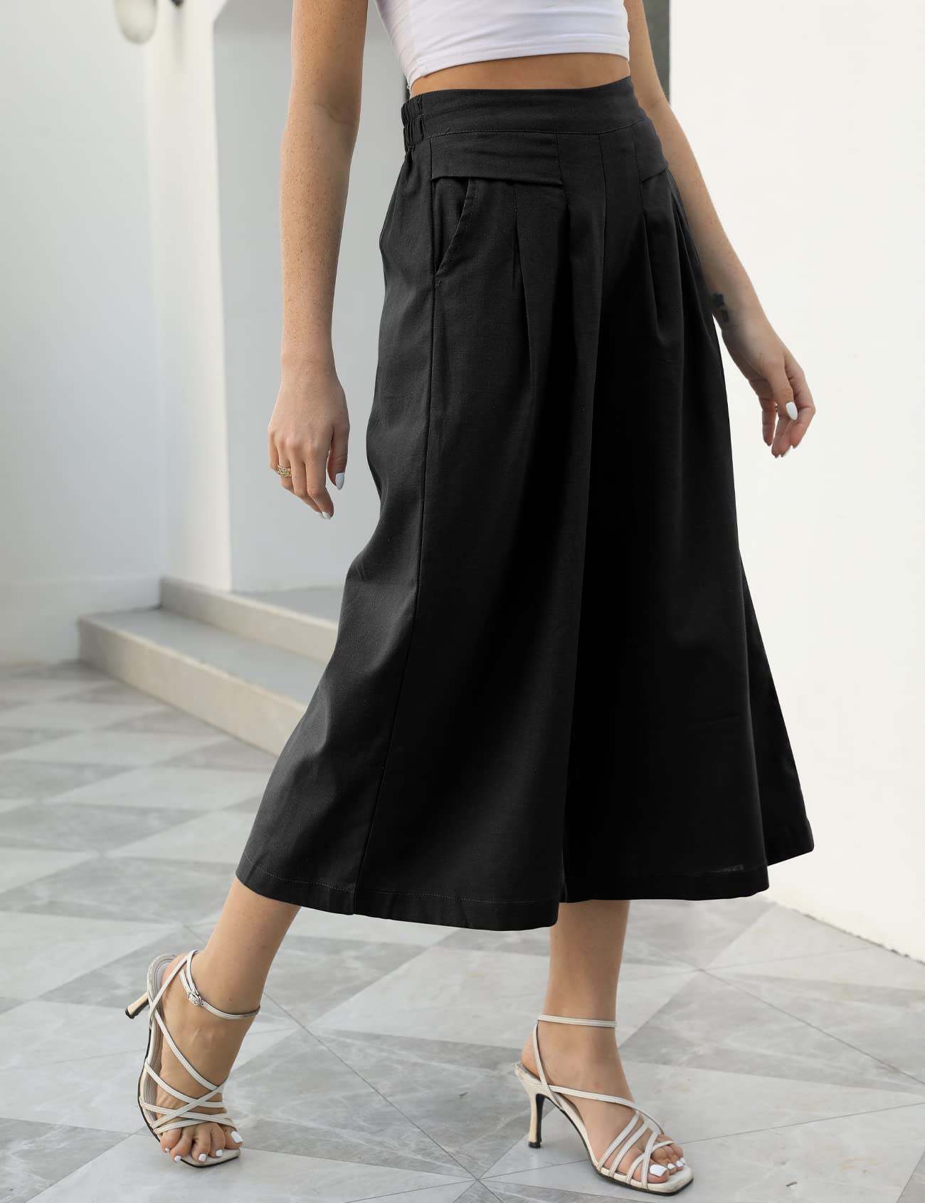 Gihuo Culottes - Pantaloni da donna in lino, a gamba larga, stile capri