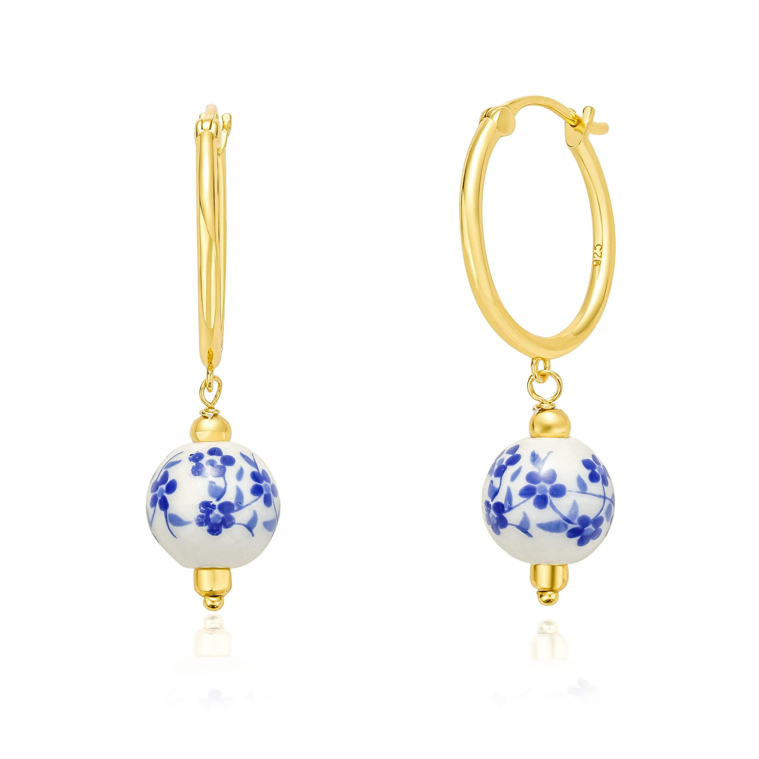 Brandlinger ® Perlen Ohrringe Silber 925. Creolen mit Keramik Perle. Schmuck Damen vergoldet mit 18 Karat Gold für Frauen und Mädchen. Durchmesser der Creole 20mm.