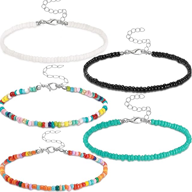MEITREND Beaded Necklaces Choker Small Beady Necklaces,5PCS Boho Layered Necklaces Colorful Handmade Bead Bohemian Necklace With Adjustable Chain,Exotic Costume Jewellery for Women Girls Holiday