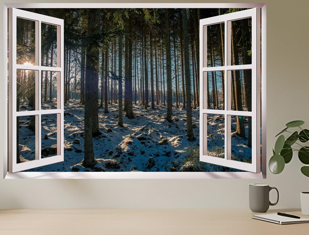 JVERF - JZZC21030 Forests Trees Snow Sun| Self-Adhesive Open Window Wall Sticker
