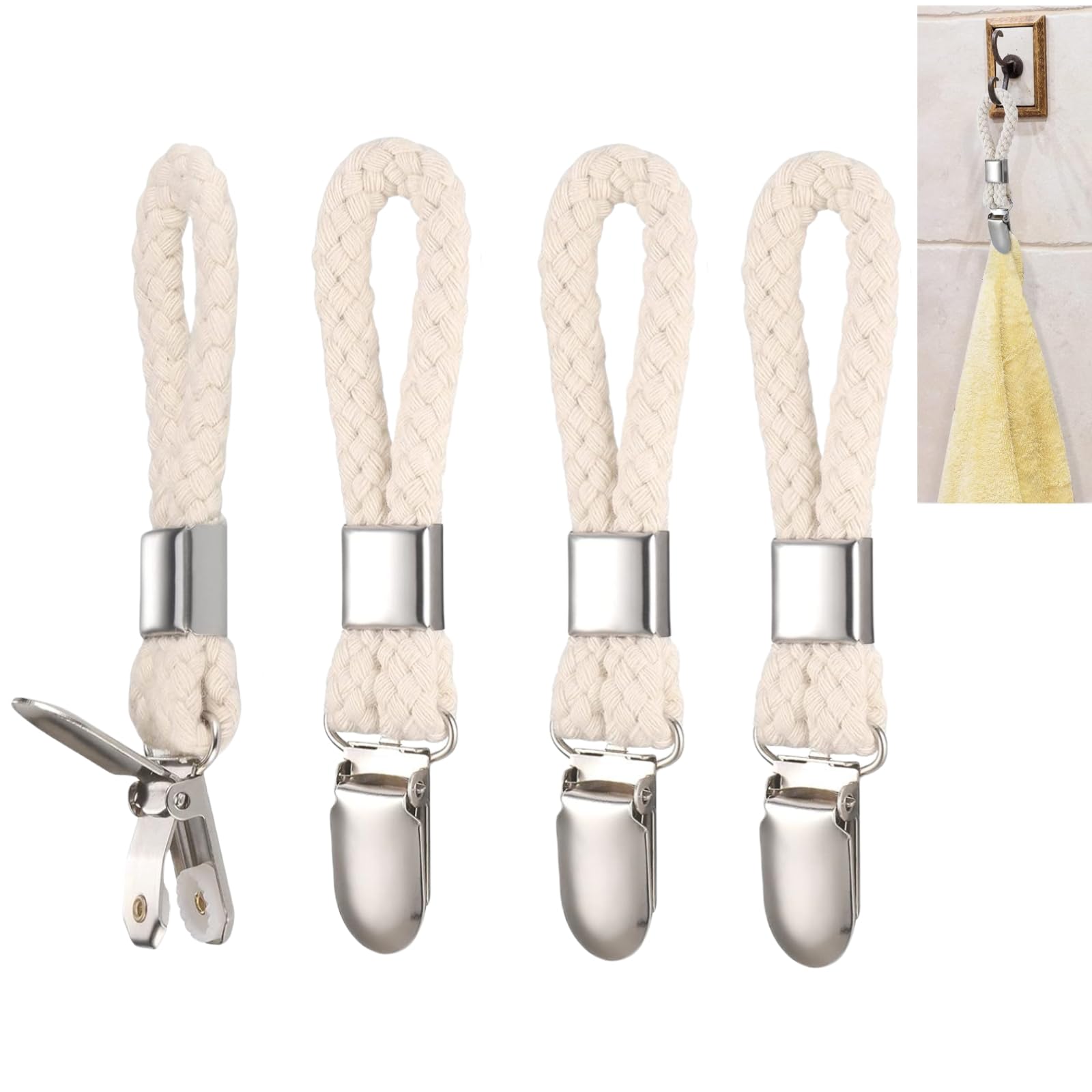 4pcs Towels Clip,Metal Tea Towel Hooks with Woven Cotton,Sturdy Hanging Clips Tea Towels Holders,Sturdy Hanging Clips for Kitchen, Bathroom Beach Towels