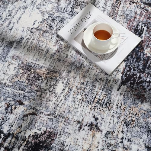 Modern Abstract 5'x7' Area Rugs - Machine Washable, Non-Slip Low Pile Boho Carpet for Living Room, Bedroom, Dining Room, Farmhouse, Kids Playroom, Office - Brown