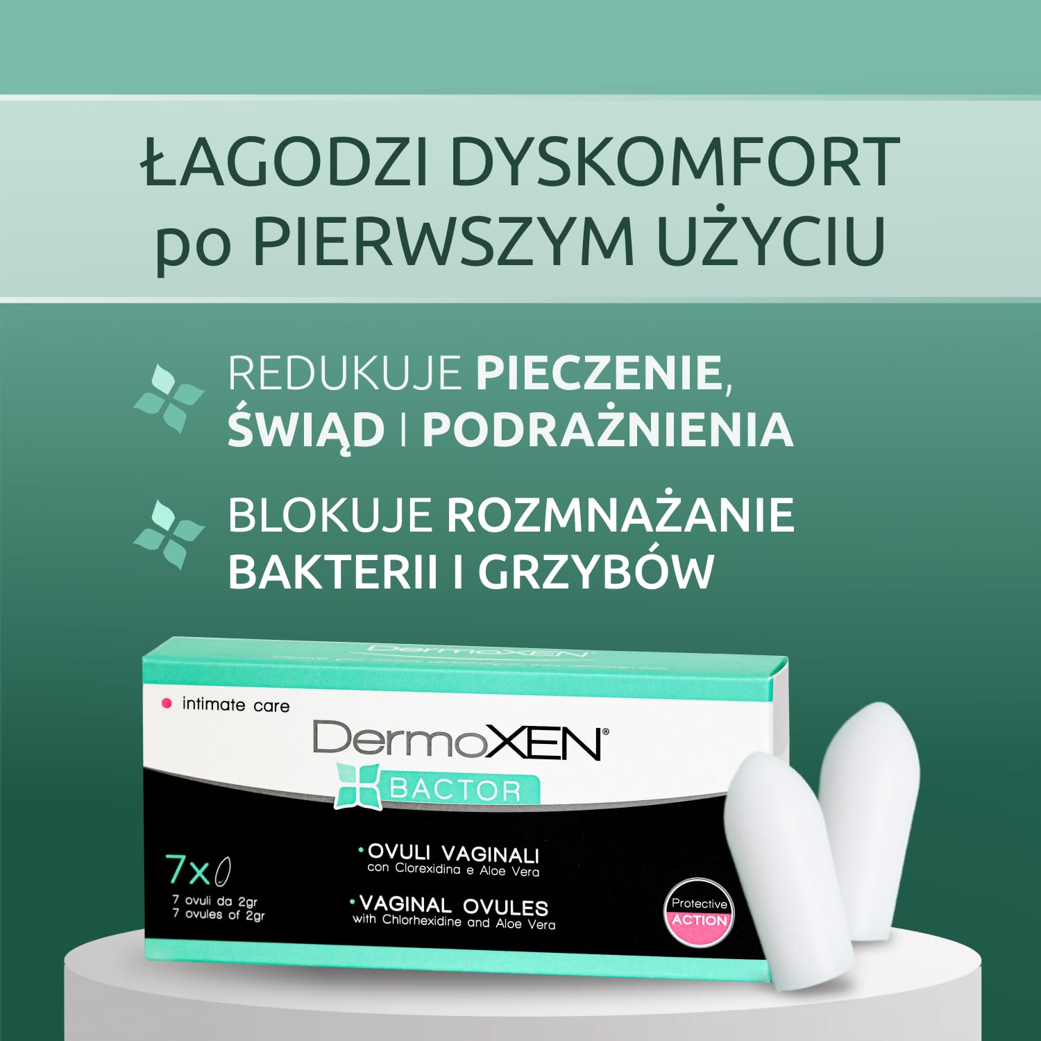 DERMOXEN Bactor komórki jajowe środek dezynfekujący i grzybobójczy. Chroni przed bakteryjnym i grzybiczym zapaleniem pochwy oraz zapaleniem pochwy. Łagodzi pieczenie i swędzenie. 7 sztuk