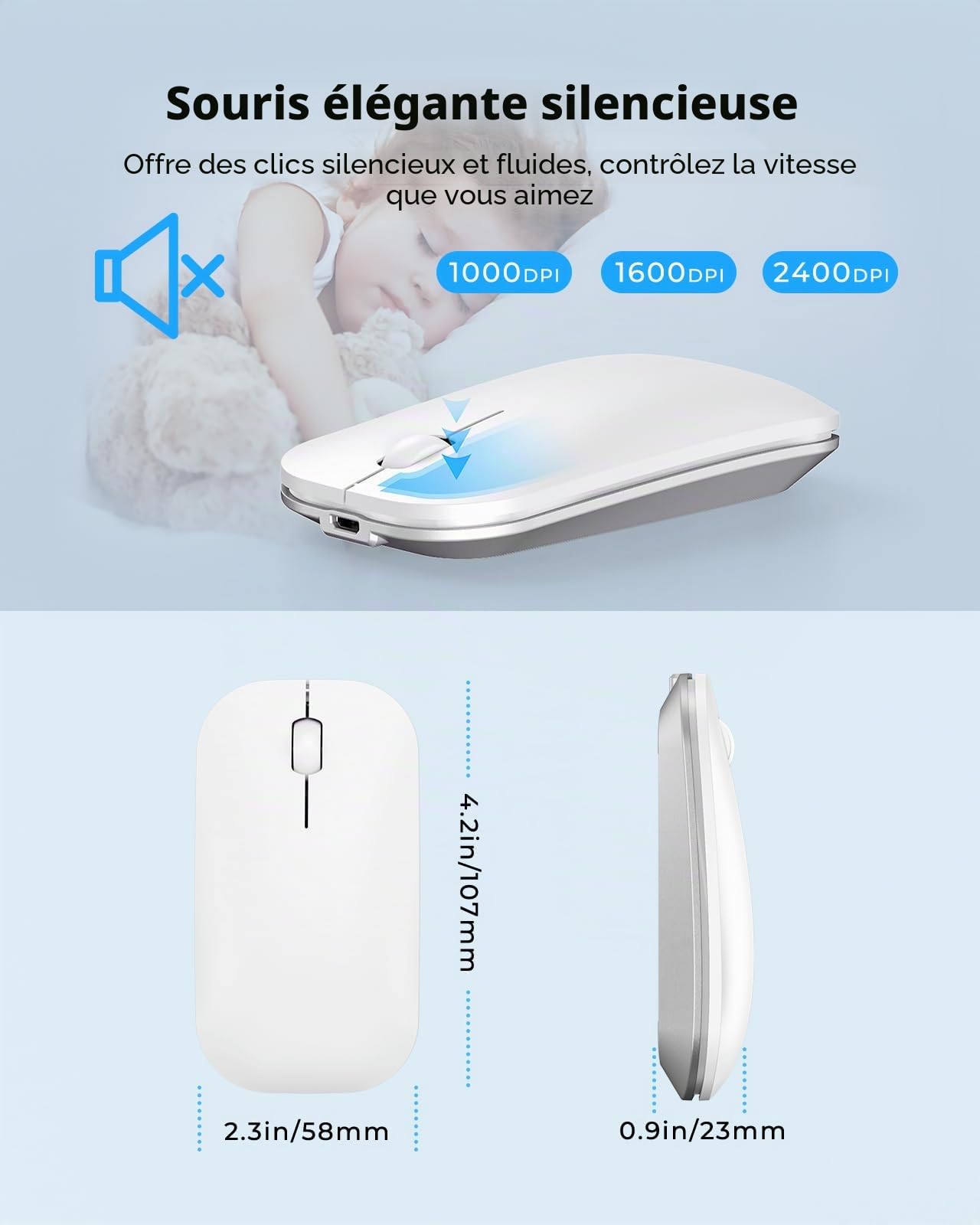 seenda Wirelees Ensemble clavier et souris Bluetooth rechargeable (USB + double BT), multi-appareils, souris et clavier sans fil ultra fin, compatible avec Windows 7/8/10, Mac OS, tablette, QWERTY