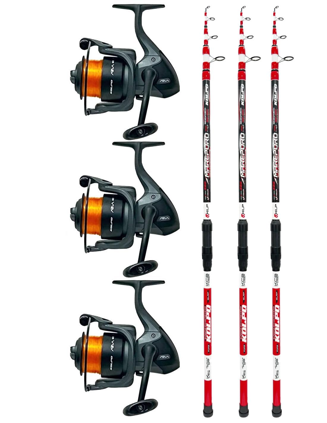 Kolpo Combo Surfcasting Doppia 3 Canne Surf + 3 Mulinelli Aria 6000 con Nylon Pesca Mare