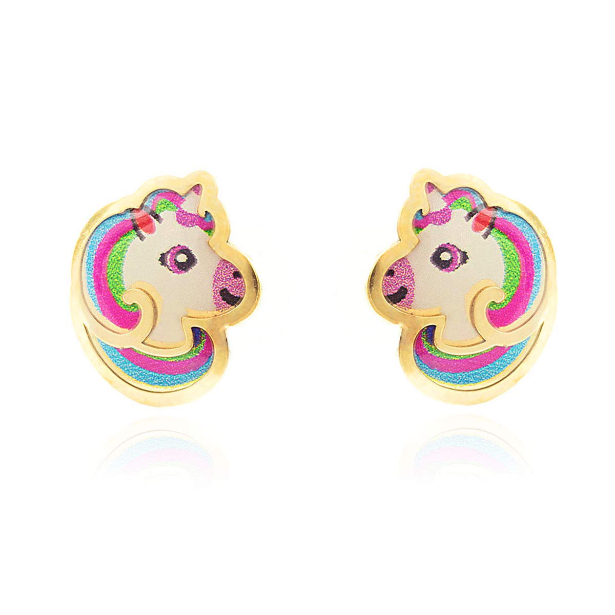 Monde Petit Pendientes Oro Niña Unicornio Esmaltado (9kts) - Estuche Regalo - Certificado de Garantía - Mondepetit