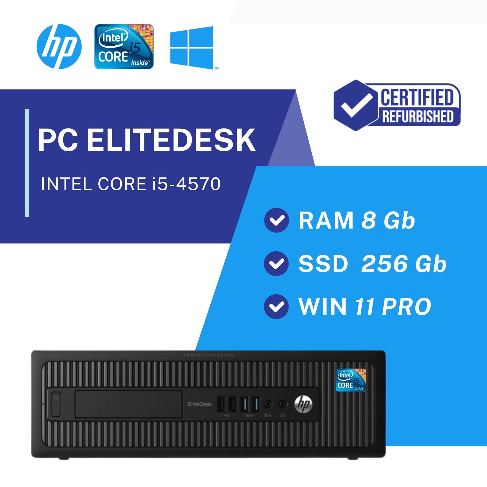 HP Elite Desk, Pc Desktop Pronto All'Uso, Computer Pc Fisso Intel i5, Ram 8Gb, SSD 256Gb, Pacchetto Office 2021, Windows 11 Pro (Ricondizionato)