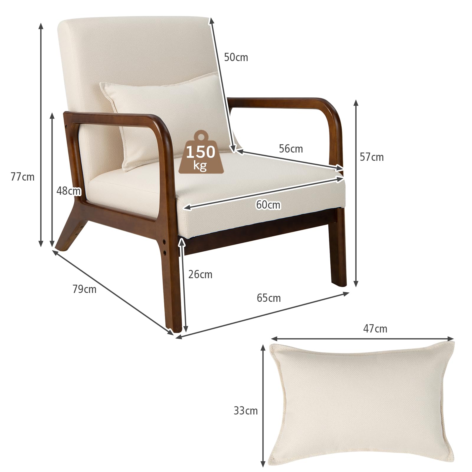 FANTASK Sessel, Modern Einzelsofa Holz mit Armlehnen, Loungesessel gepolstert für Wohnzimmer, Schlafzimmer, 65 x 79 x 77 cm, Beige