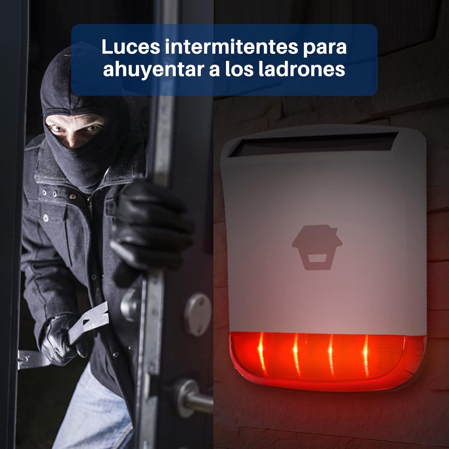 Split image showing a person attempting to break in on the left and the Chuango solar siren with its red strobe lights flashing on the right, illustrating its deterrent effect.