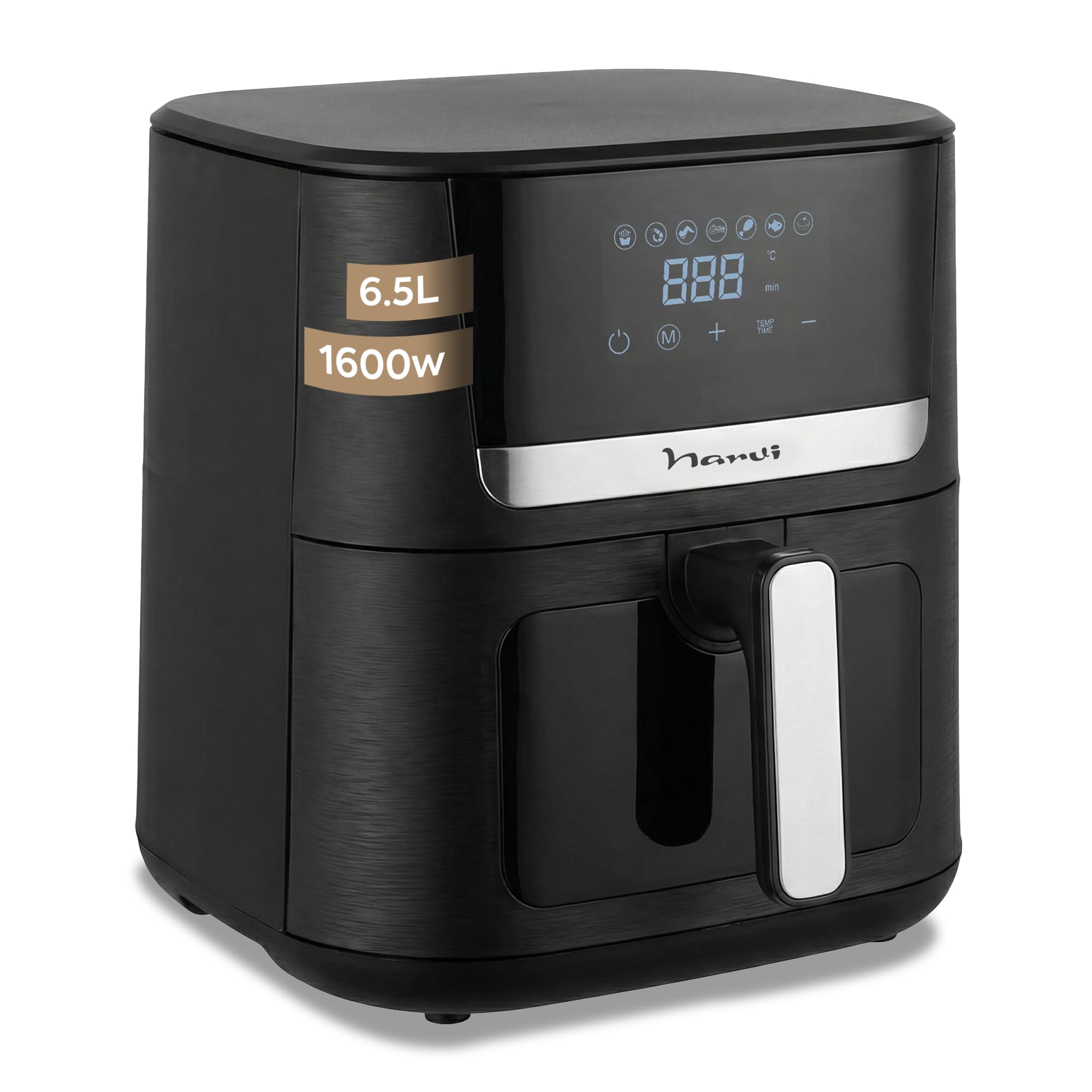 Narvi Air Fryer 6.5 L 1600 W with Visible Window – Digital Touch Air Fryer, 7 Automatic Menus, Cooking 360°, 80–200 °C, Air Fryer 6 5 L BPA and PFOA Free, Dishwasher Safe