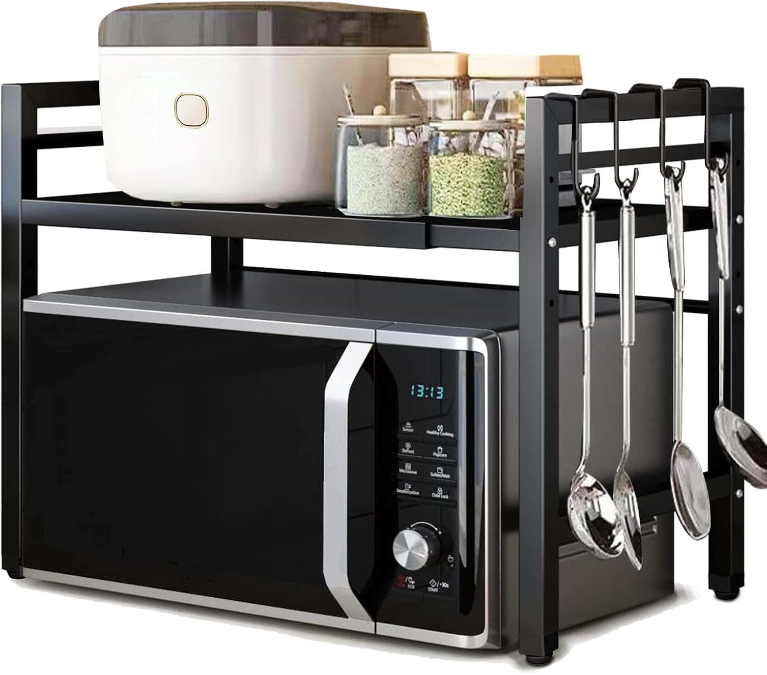 Microwave Oven Rack Expandable Countertop Heavy Duty Microwave Shelf 2-Tier Adjustable Metal Storage Shelf Rack for Kitchen (White)