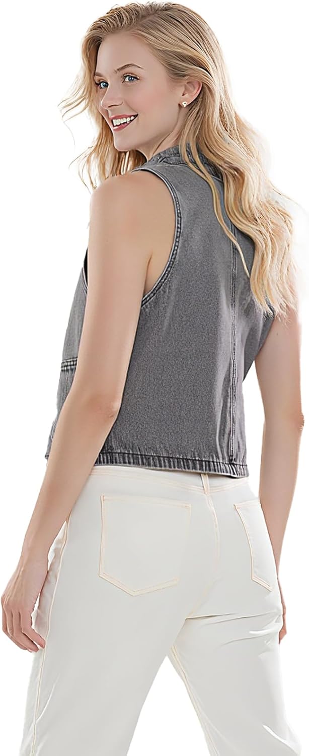 Women's Denim Sleeveless Vest for women, Casual V Neck, Button Front with Pockets for Summer - Image 3