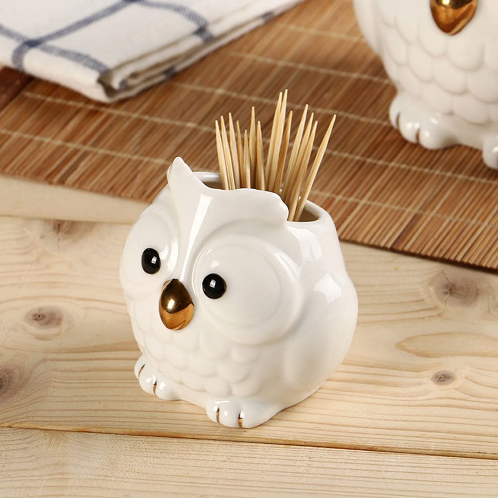 WAYUTO 2Pcs Ceramic Decorative Toothpick Holder Porcelain Toothpick Dispenser Cute Owl Figurine Toothpick Case Cartoon Animal Storage Organizer for Kitchen Home Restaurant Countertop Decor White