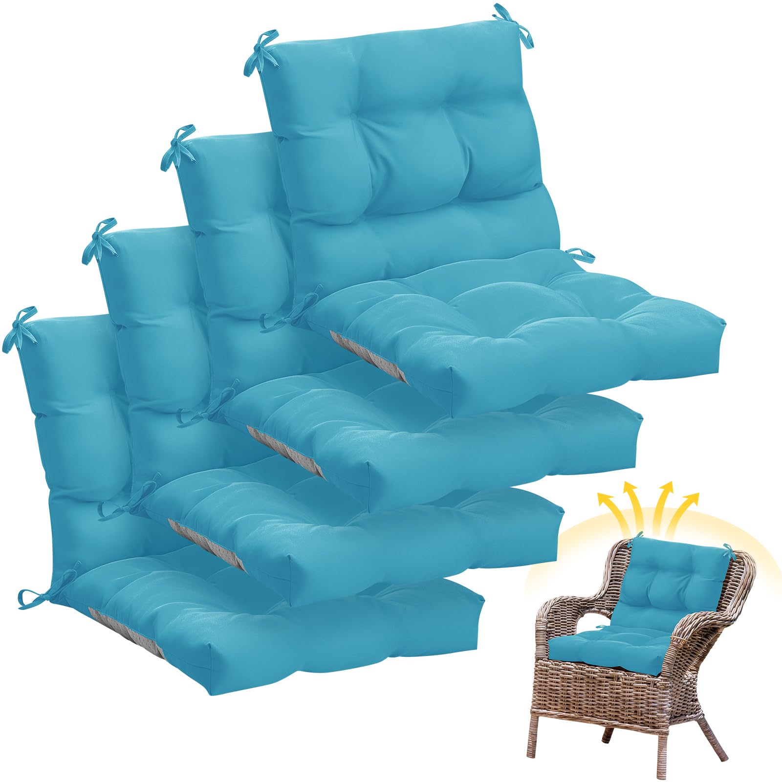 marsui 4 pcs outdoor indoor high back chair cushions patio furniture tufted pillow with ties water-resistant replacement outdoor rocking chair cushions, 42 x 21 inches (royal blue,solid color)