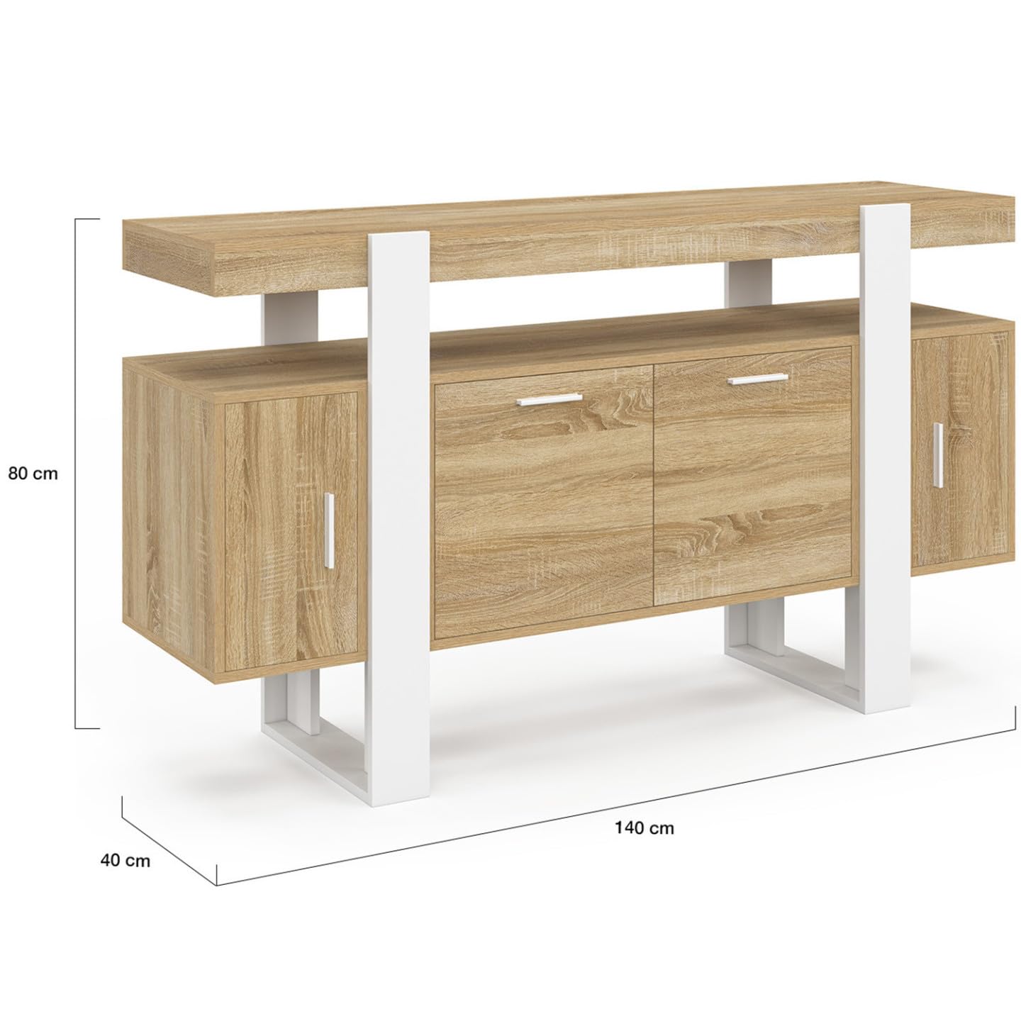 IDMarket - Aparador Phoenix 140 cm de 4 Puertas, Madera y Blanco