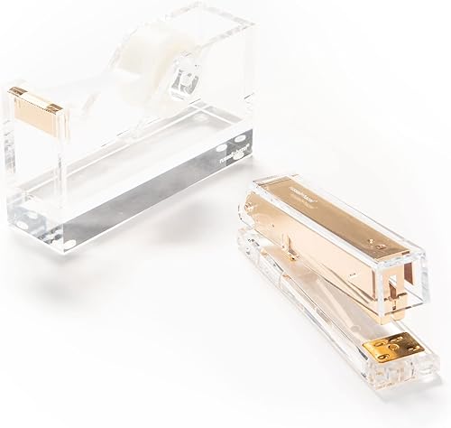 russell+hazel Paquete de accesorios de escritorio Essentials, suministros de oficina, dorado, con grapadora y dispensador de cinta, 2 piezas (53696)