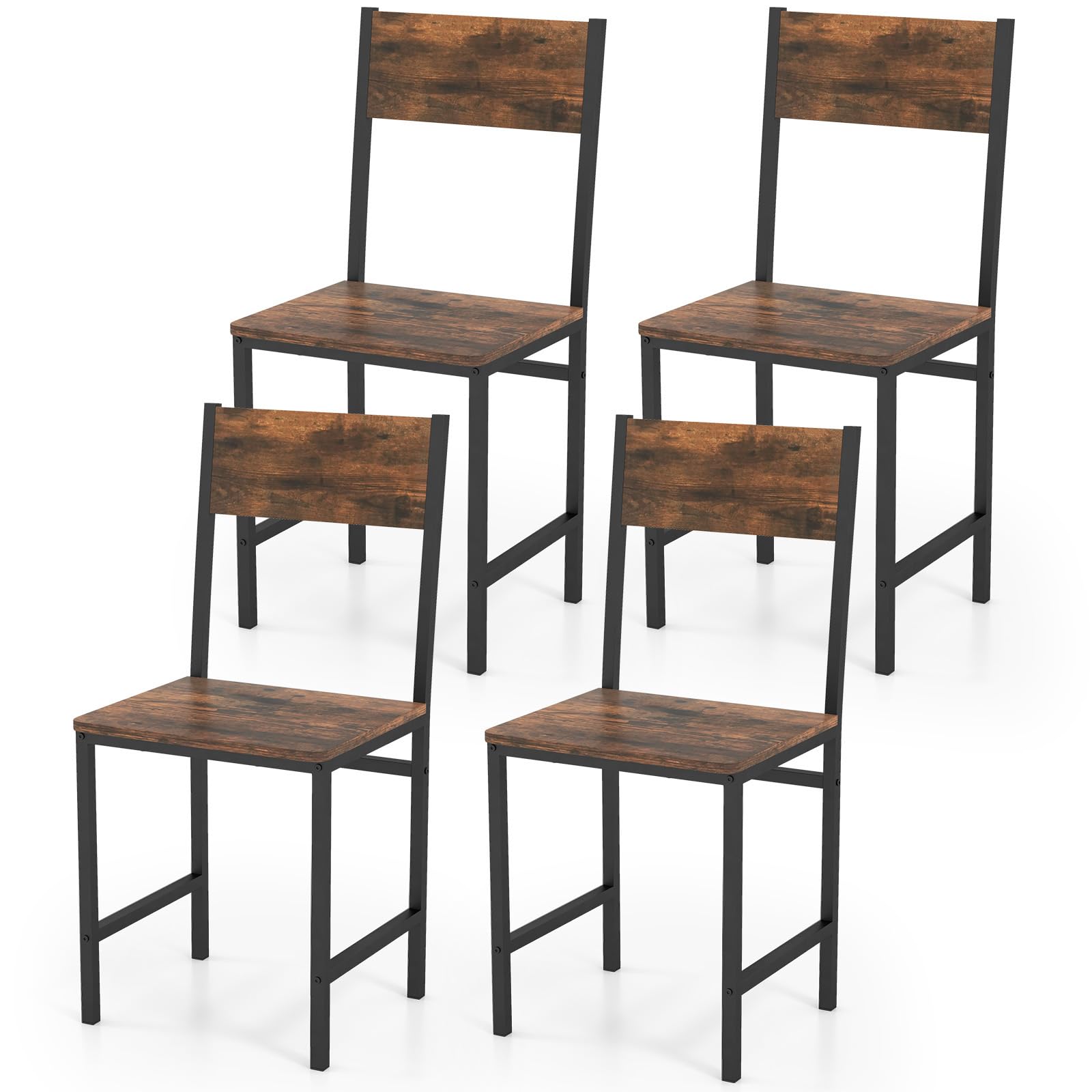 MAT EXPERT Dining Chairs Set of 4, Industrial Dining Room Chairs w/Wood & Metal Frame, Rustic Wood Grain, Slanted Back, Armless Kitchen Chairs for