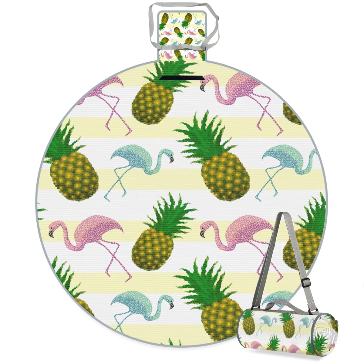 Shimoshe Pineapple Flamingo Picnic Outdoor Blanket Foldable Waterproof Sandproof Beach Blanket Portable Water-Resistant Round Picnic Mat for Travel Camping Park Lawn