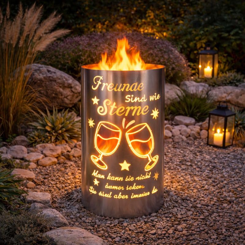 Feuertonne aus Stahl mit Spruch Freunde sind wie Sterne