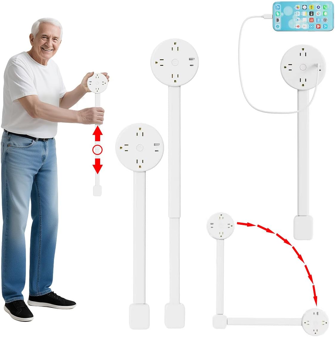 2 Pack 180° Rotating Electrical Outlet Extender Stick with USB-A/USB-C, Extendable Wall Plug with 2 AC Outlets Wall Plug Adapter - Ideal for Behind Couch, Desk, Bed, Office and Home - No Drill