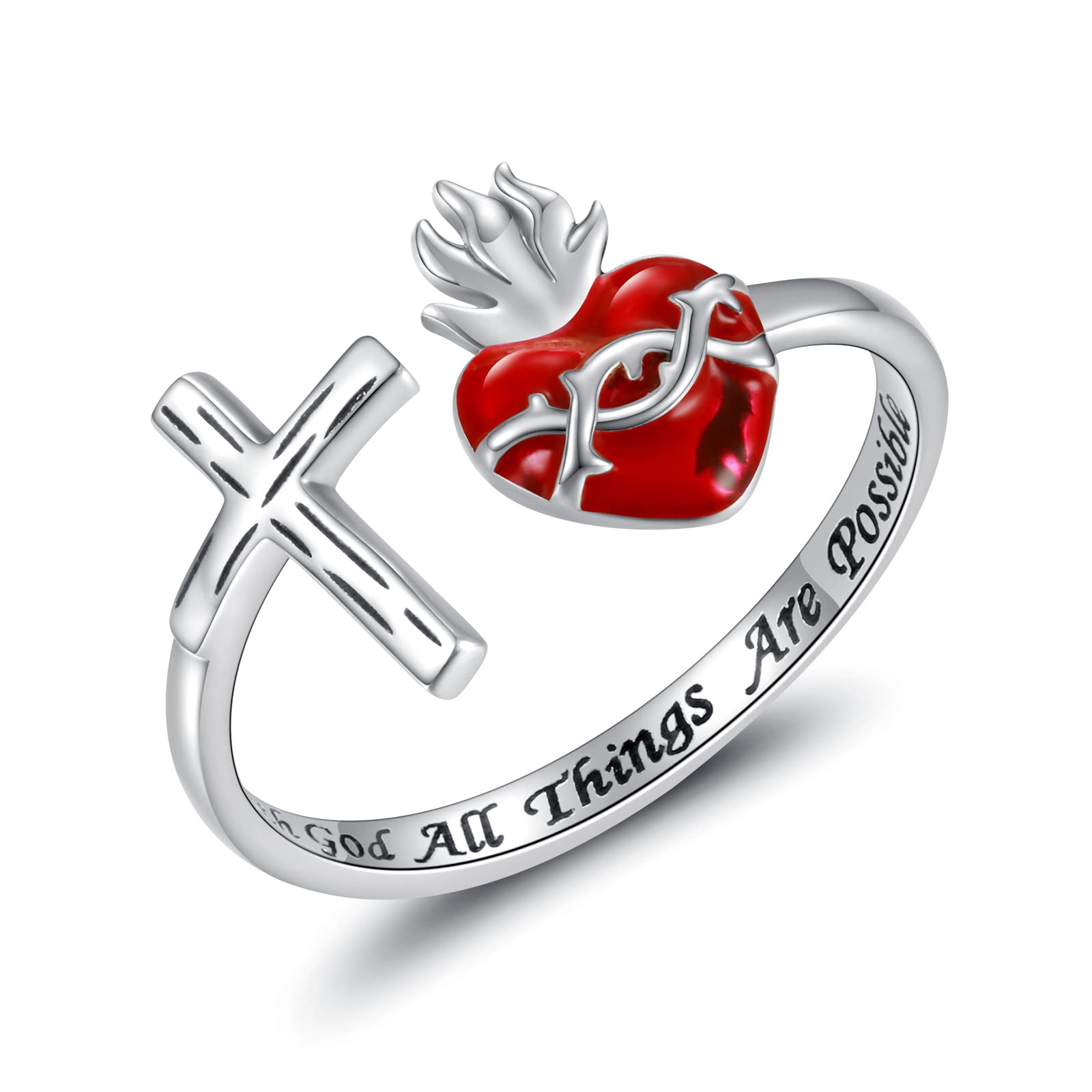 Sacred Heart of Jesus Ring 925 Sterling Silver Cross Rings God's Love Jewelry Amulet Gifts for Women