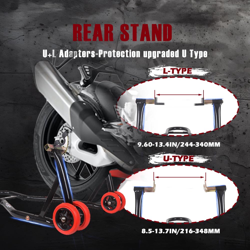 Motorcycle Stand Lift, 850lbs Front Rear Stand Lift Stand, Universal Paddock Lift Stand, Front Wheel Fork Stand, Rear U+L Fork Swingarm Spool Stand, for Parking, Maintenance, Cleaning Motorcycle Stand Lift, 850lbs Front Rear Stand Lift Stand, Universal Paddock Lift Stand, Front Wheel Fork Stand, Rear U+L Fork Swingarm Spool Stand, for Parking, Maintenance, Cleaning
