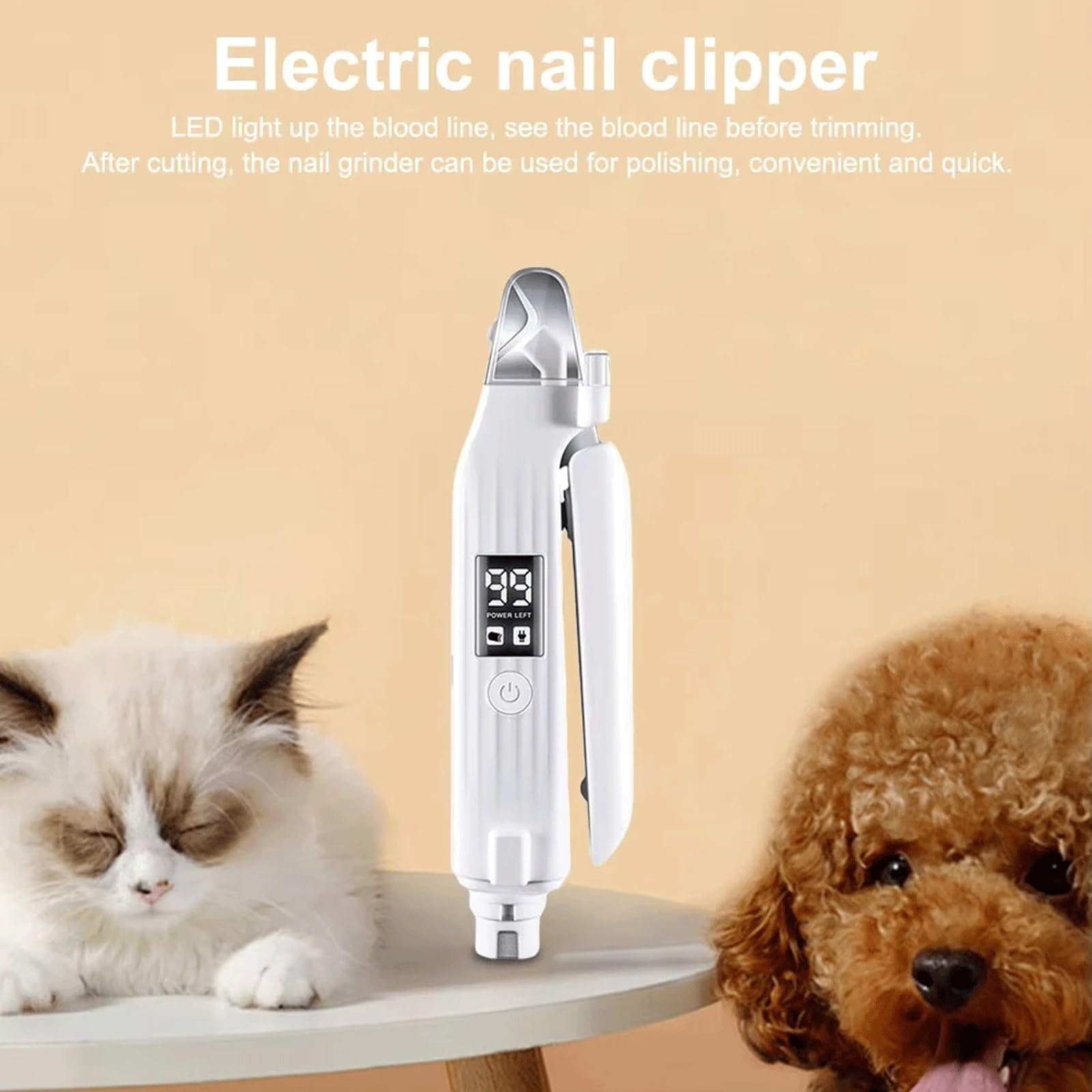 Cortauñas eléctrico 2 en 1 para mascotas con luz LED, cortaúñas para mascotas, lima de uñas silenciosa para perros pequeños, medianos y grandes, herramienta de aseo segura y sin dolor para el