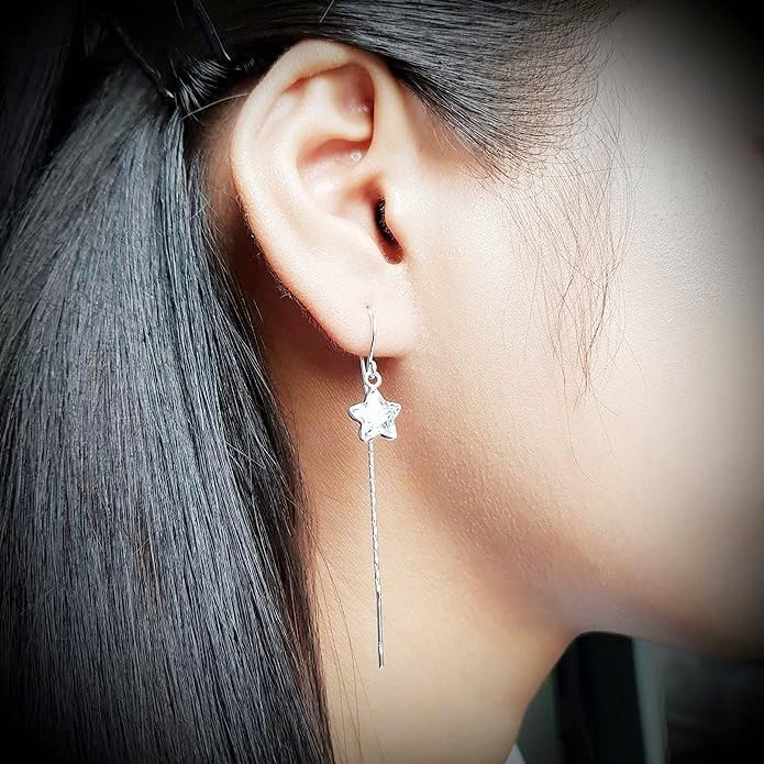 92.5 Sterling Silver Star Crystal Dangle Earrings