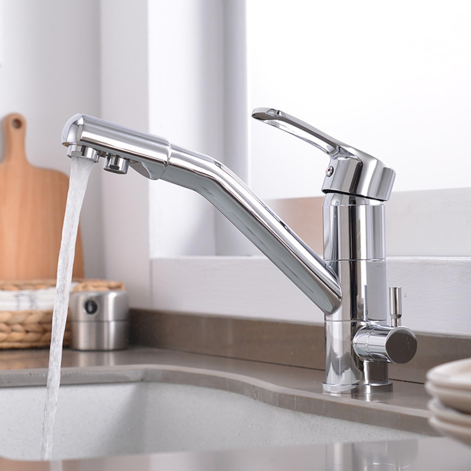 ZYCHSJXA Kitchen Bath Taps3 Way Sink Tap Brass Swivel Pure Water Hot and Cold Faucet for Purifier-Chrome Plated