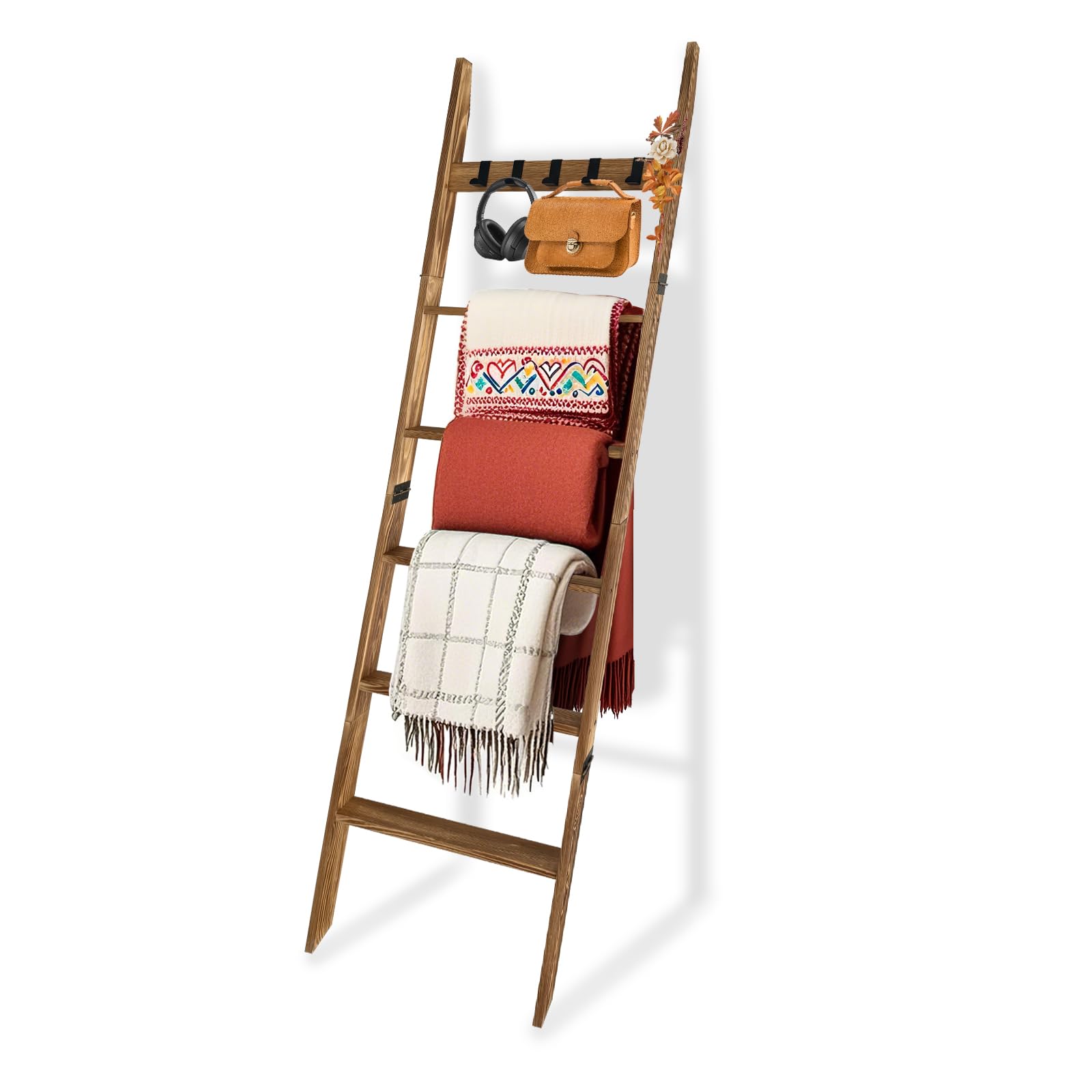 Yacumx Rustic Blanket Ladder for Bedroom & Living Room - 5.66 Ft Light Brown Wooden Display Rack with 6 Tiers & 5 Hooks (S...