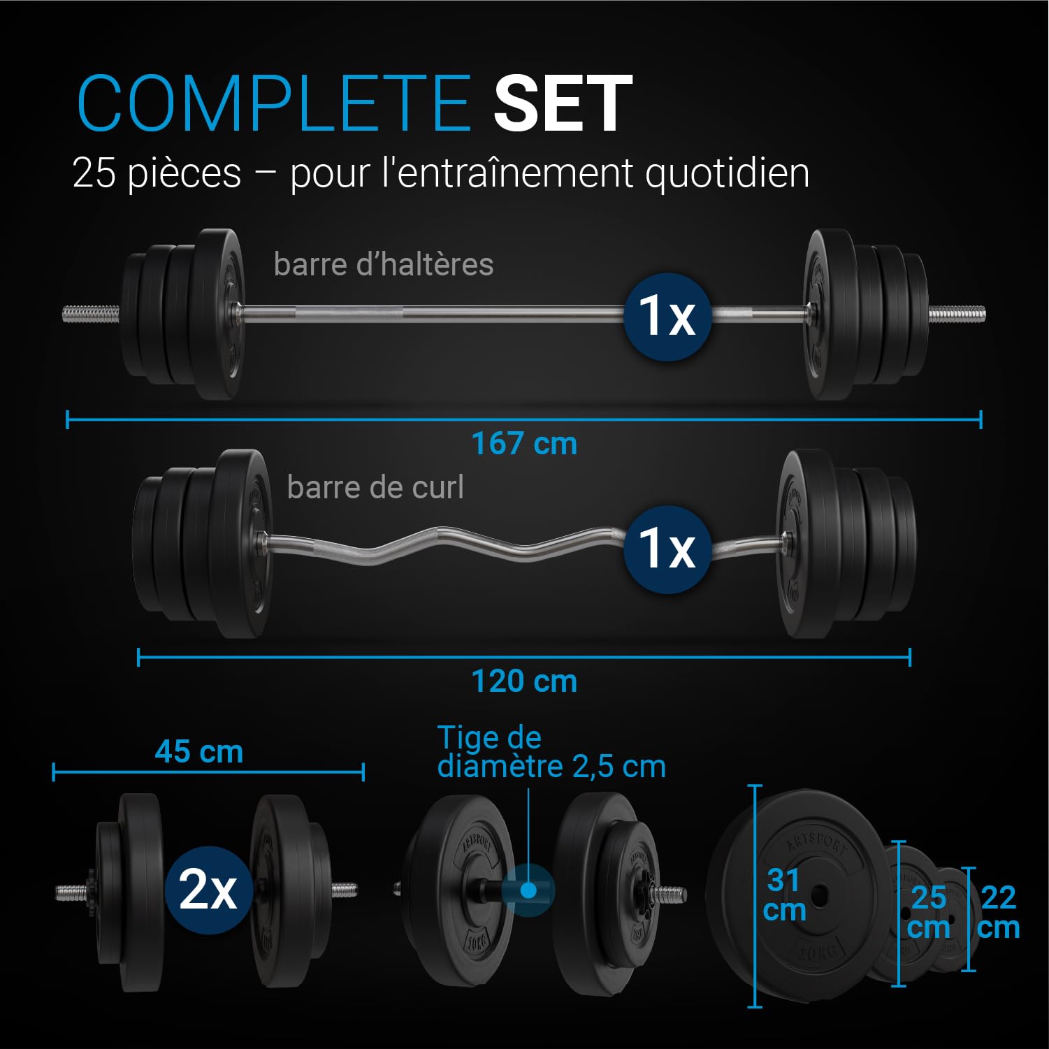 ArtSport Ensemble d'haltères courts de musculation 3-en-1 avec 2 haltères courts, 1 haltère long et 1 haltère curl SZ – 12 poids de 60kg avec fermetures en étoile