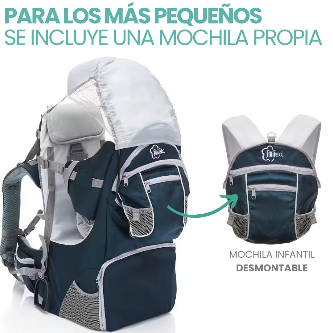 Fillikid Mochila Portabebés Senderismo - Portabebes Trekking desde 6 Meses hasta 18 kg, Mochila Bebe con Protección Solar, Mochila Infantil y Compartimentos de Almacenamiento - Azul/Gris