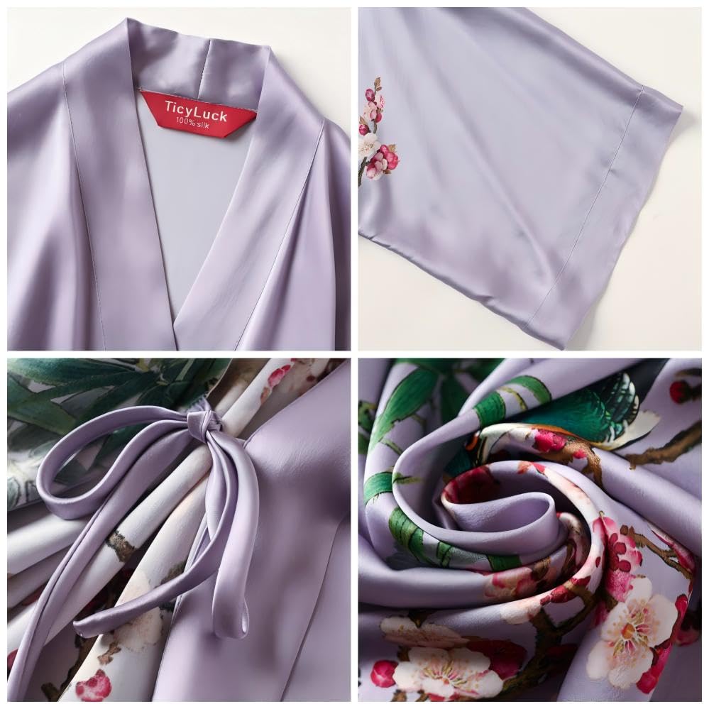 Image of Women's Silk Kimono Robe Short Bathrobe Nightgown 100% Mulberry Silk for Women - Classic Floral Pattern