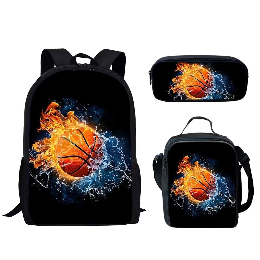 HUGS IDEA Fire Basketball Backpack Set for Boys Kids 3Pcs School Bag with Lunch Bag Pencil Case for Elementary School Travel Daypack 3 in 1