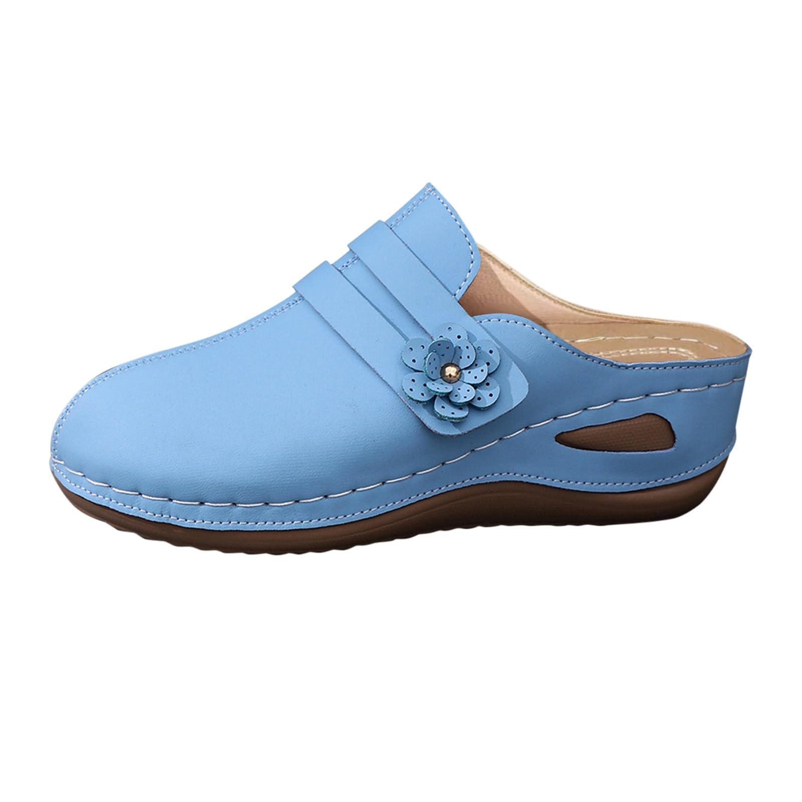 Generico Damen-Sandalen mit niedrigem Keilabsatz – Damen-Sandalen vorne und offen hinten eingefädelte Sandalen, leicht anzuziehen, elegante Sommerschuhe, Hausschuhe mit Blumen, einfarbig, bequem