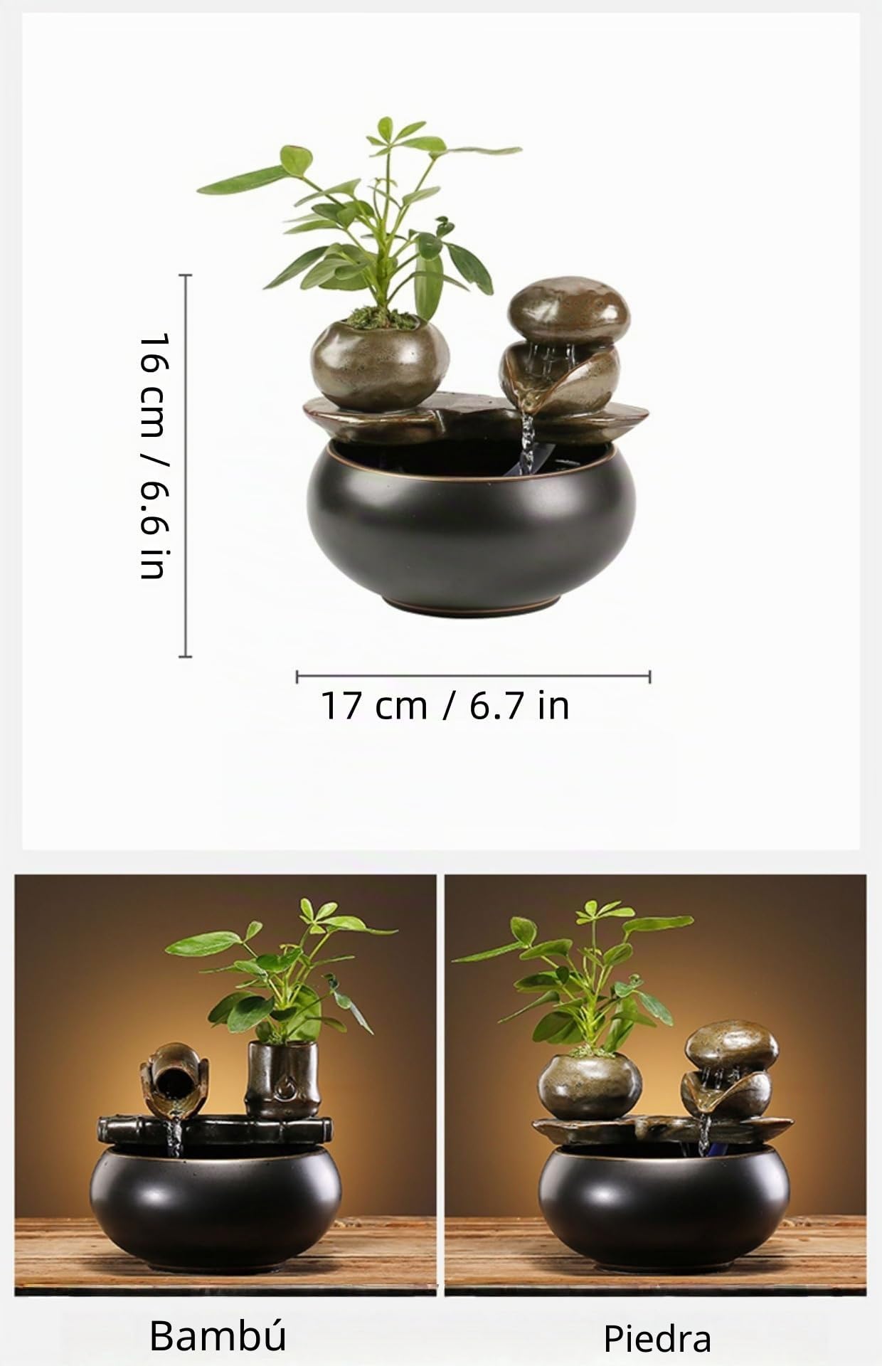Fuente de mesa de cerámica con elemento de agua de piedra – Fuente de mesa negra brillante con diseño natural, decoración de oficina silenciosa para relajarse en casa y oficina'