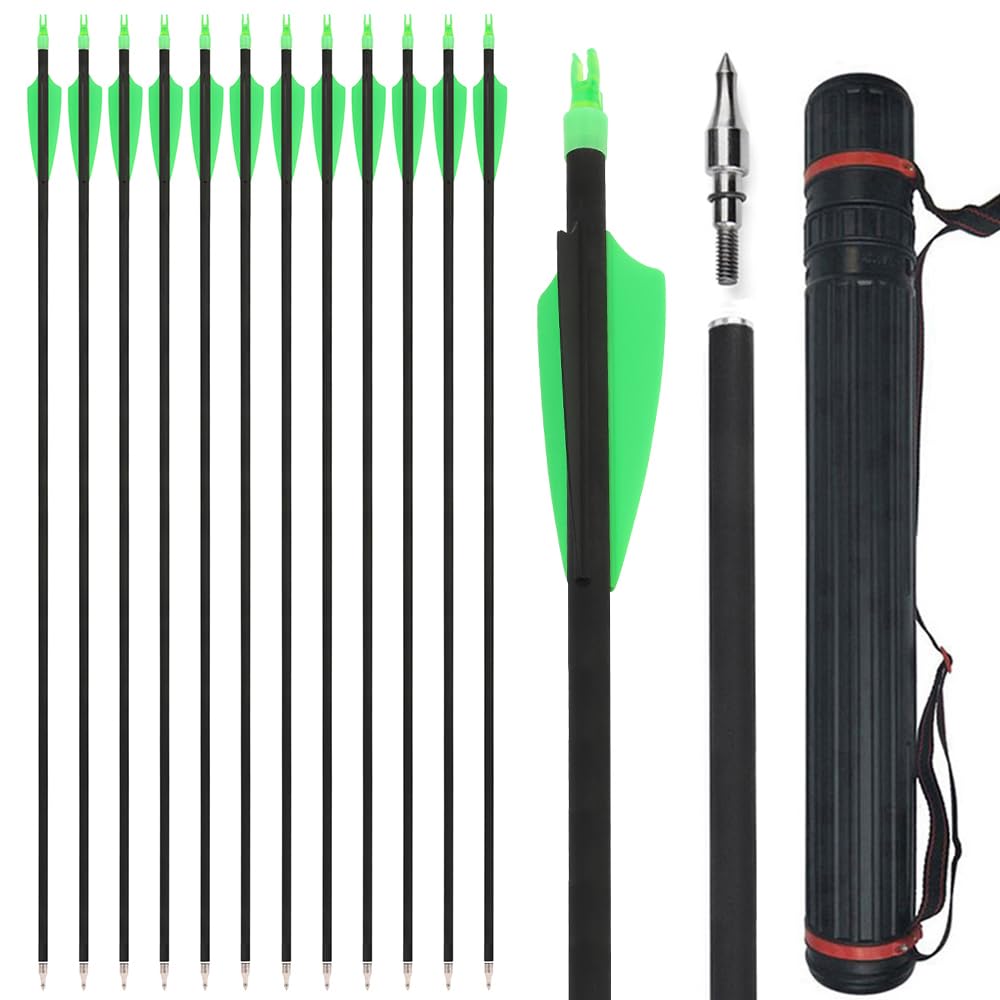 SHARROW Archery Carbon Arrows 30 inch Hunting Arrow 31 inch Spine 500 for Compound Recurve Bow Black (Green+Quiver, 30 inch)