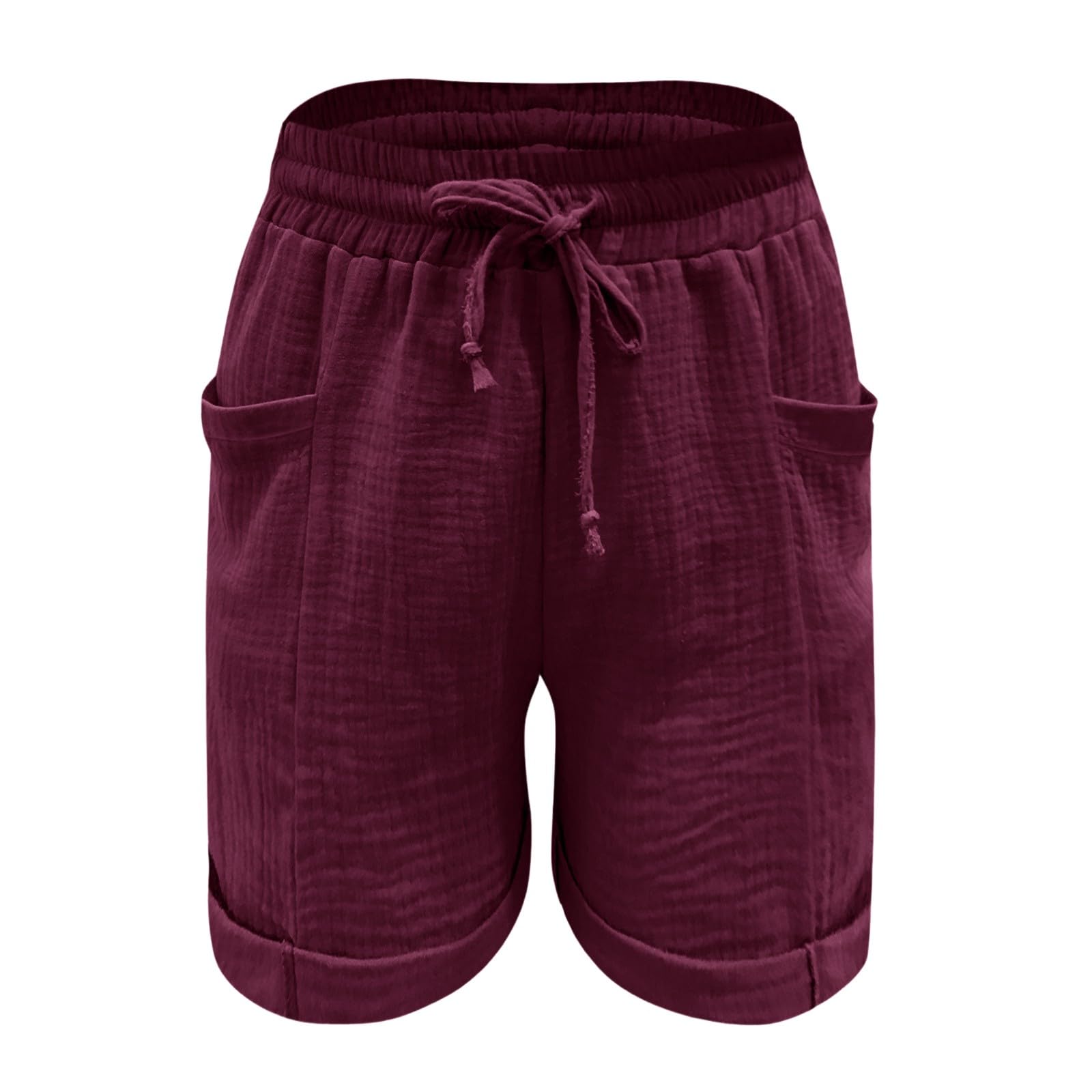 Generisch Short blanc tendance et décontracté pour femme en coton et lin de couleur unie avec taille élastique