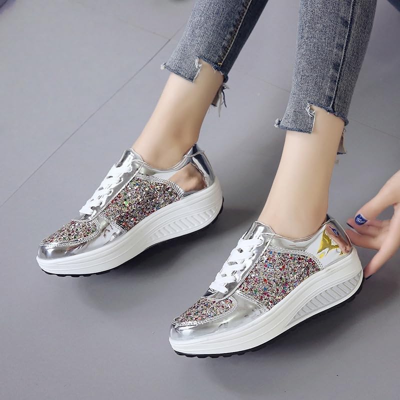 Women's Glitter Platform Wedge Athletic Tennis Walking Shoes Sparkly Sequin Lightweight Non Slip Casual Comfort Fashion Colorblock Sneakers - Image 5
