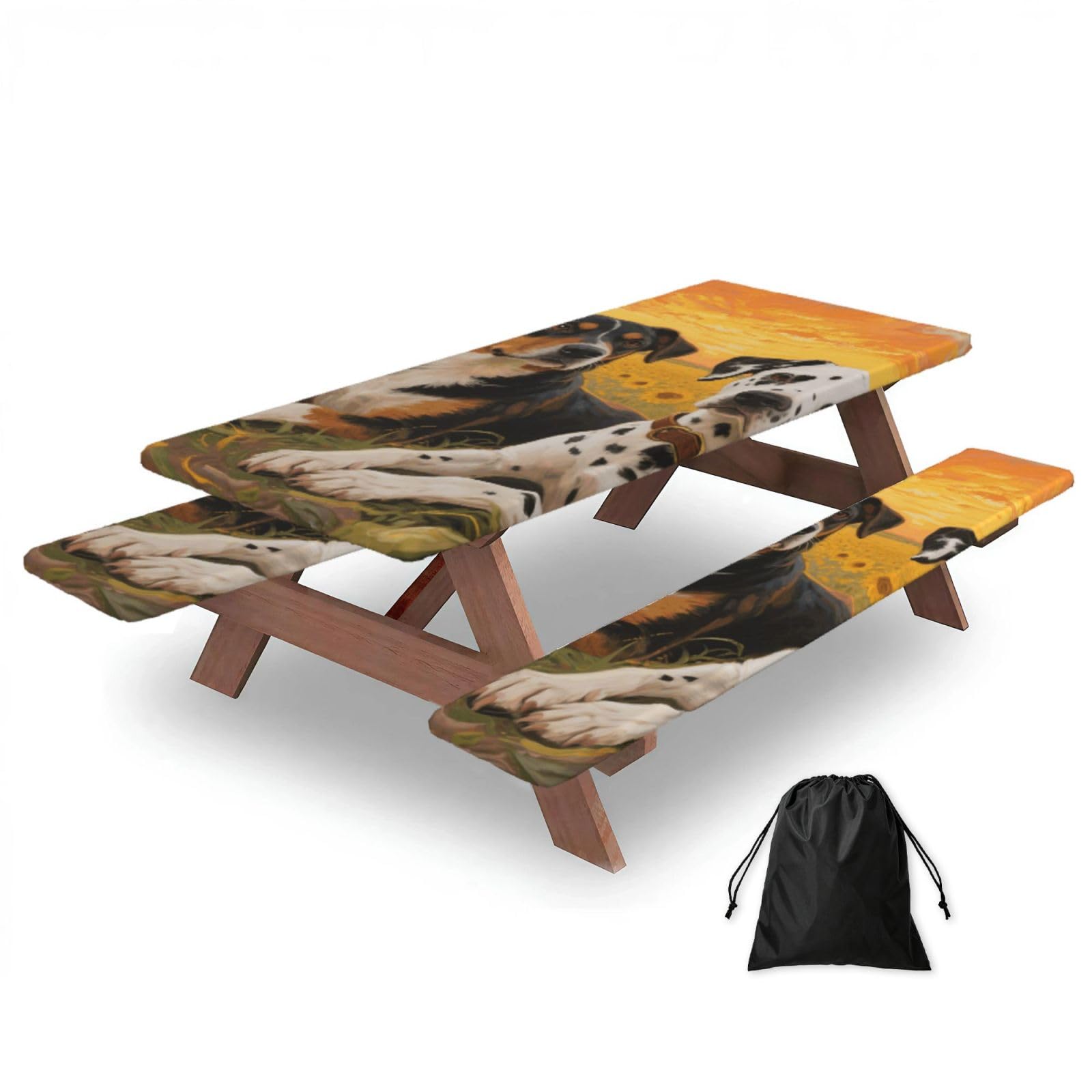 FekiLoot Dog Paint and Sunset Picnic Table Cover with Bench Covers and Bag, Windproof Waterproof Rectangle Tablecloth with Elastic Edges Fitted Camping Table Covers Portable Camping Accessories