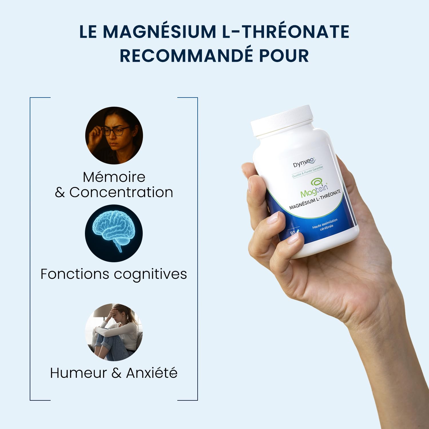 Magnésium L-thréonate Magtein® - Mémoire, Concentration, Fonctions cognitives, Fatigue - Haute Assimilation Cérébrale - Formule Brevetée - 667 mg - 90 Gélules (1 mois) - Fabrication Française - Dynveo