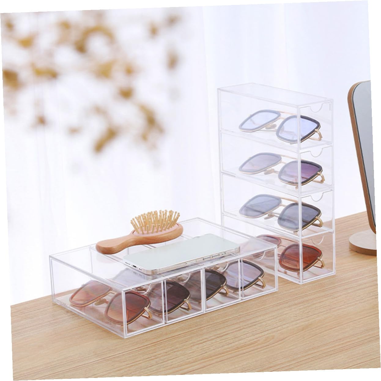 Baluue Caja Organizadora Transparente para Gafas de Sol 2 Unidades 4 Capas y Cajones, Material PS Resistente y Diseño Sencillo para Uso Personal en Casa